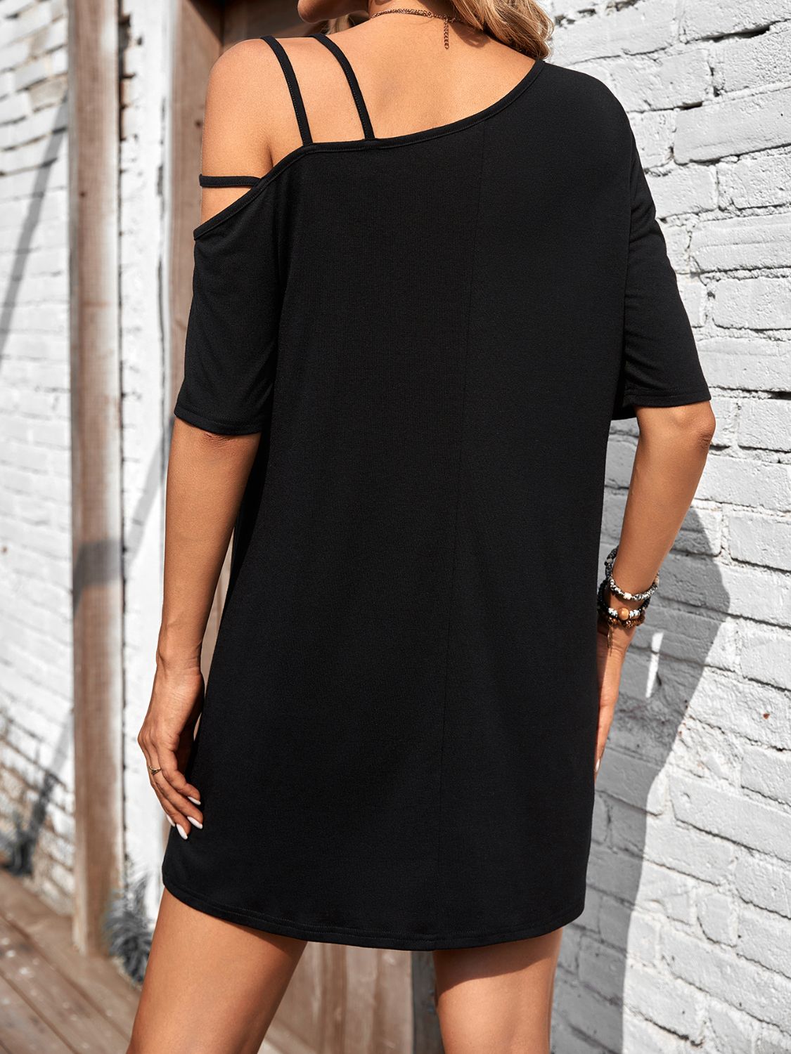 Mini Dress With Asymmetrical Neck Half Shoulder Out Sleeve