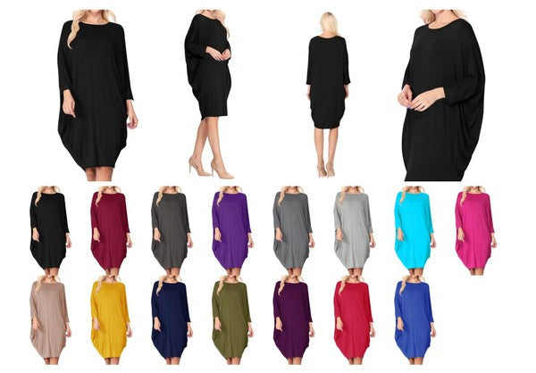 Solid Knee Length Dolman Sleeve Dress
