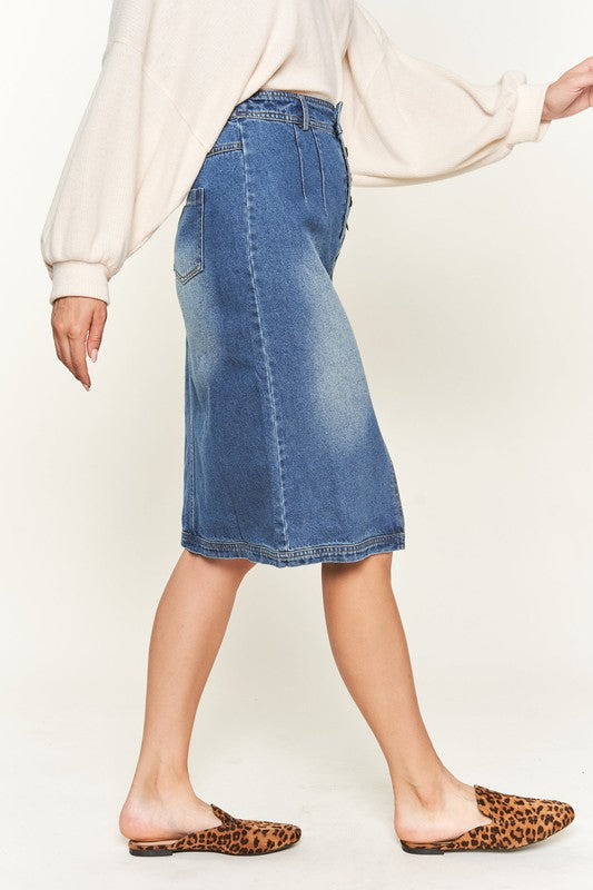 Pleated Denim Knee Length Skirt