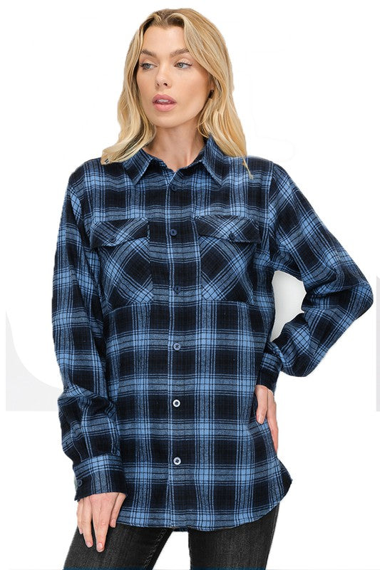 Women Button Up Plaid Long Sleeve Collard Shirt