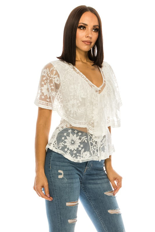 Lace And Ruffles V Neck White Top