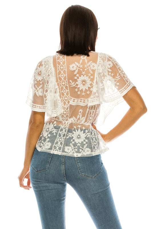 Lace And Ruffles V Neck White Top
