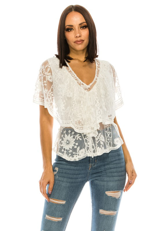 Lace And Ruffles V Neck White Top