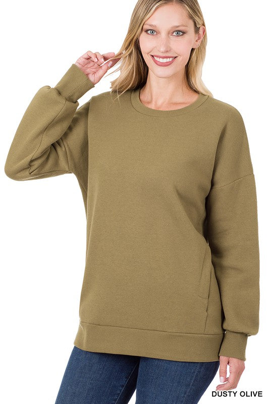 Long Sleeve Round Neck Sweater With Side Pockets