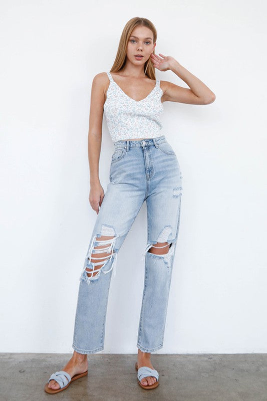 High Waist Ripped Knee Loose Fit Jeans