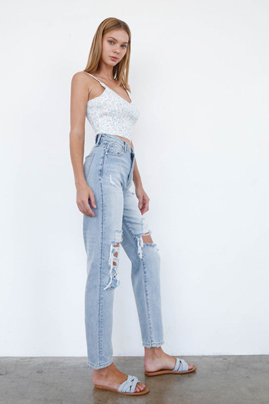 High Waist Ripped Knee Loose Fit Jeans