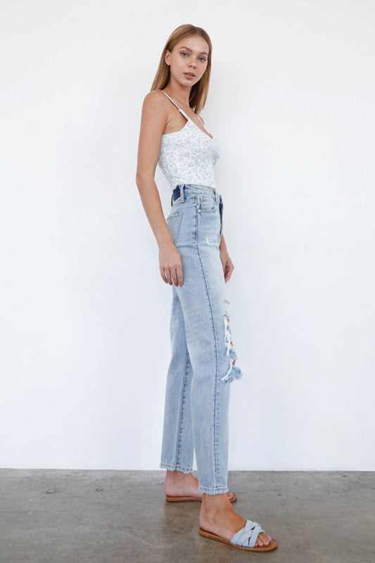High Waist Ripped Knee Loose Fit Jeans