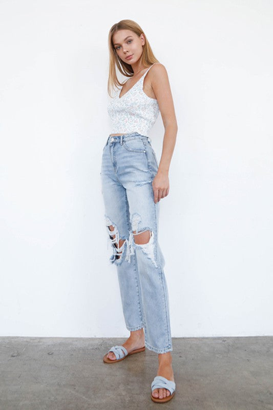 High Waist Ripped Knee Loose Fit Jeans