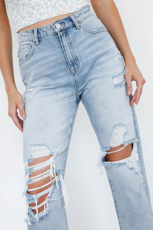 High Waist Ripped Knee Loose Fit Jeans