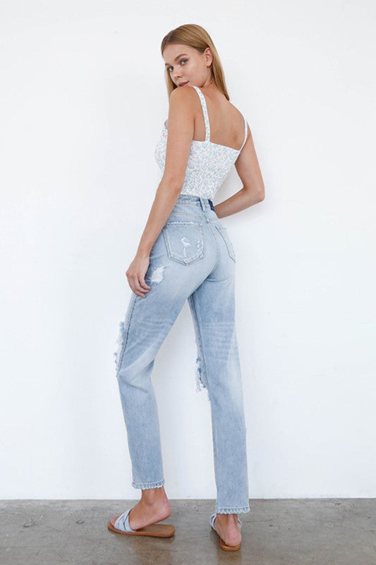 High Waist Ripped Knee Loose Fit Jeans