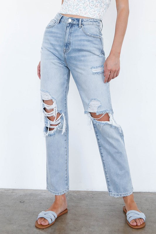 High Waist Ripped Knee Loose Fit Jeans