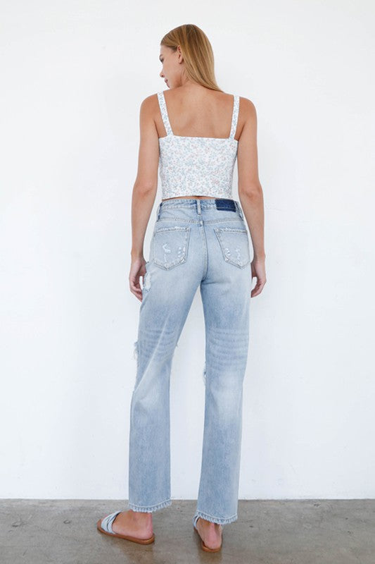 High Waist Ripped Knee Loose Fit Jeans