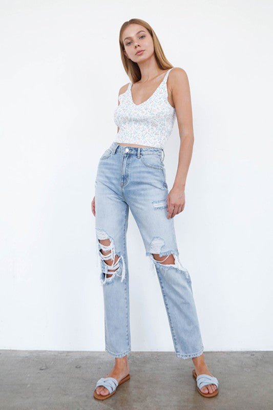 High Waist Ripped Knee Loose Fit Jeans