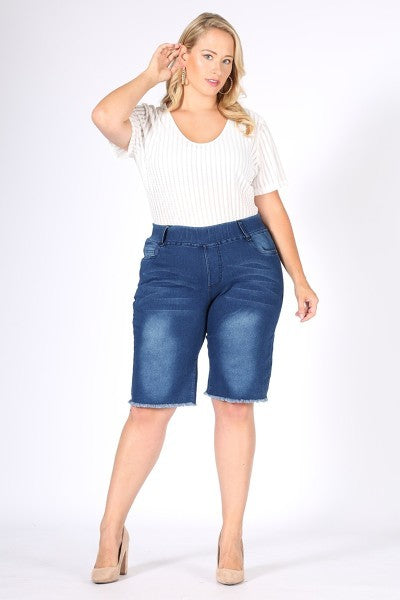 Hi-Waist Distressed Denim Bermuda Shorts