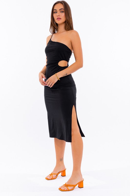One Shoulder Fitted Midi Dress With Side Split