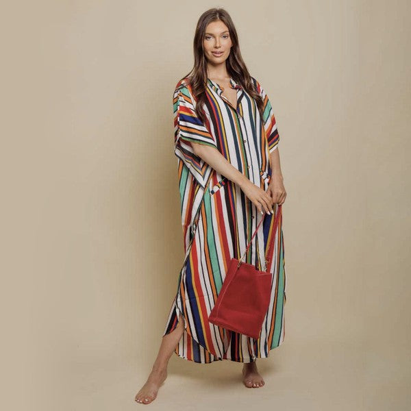Stripe Short Sleeve Shirt Dress Buttons Maxi Dress