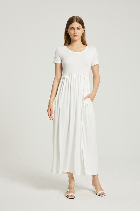 Women's Simple Summer White Maxi Dress With Pocket