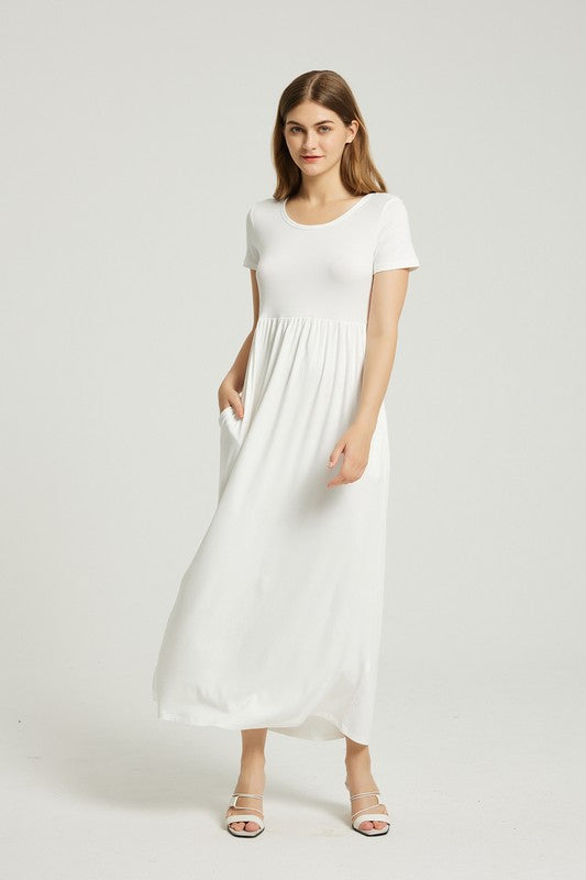 Women's Simple Summer White Maxi Dress With Pocket