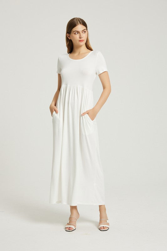 Women's Simple Summer White Maxi Dress With Pocket