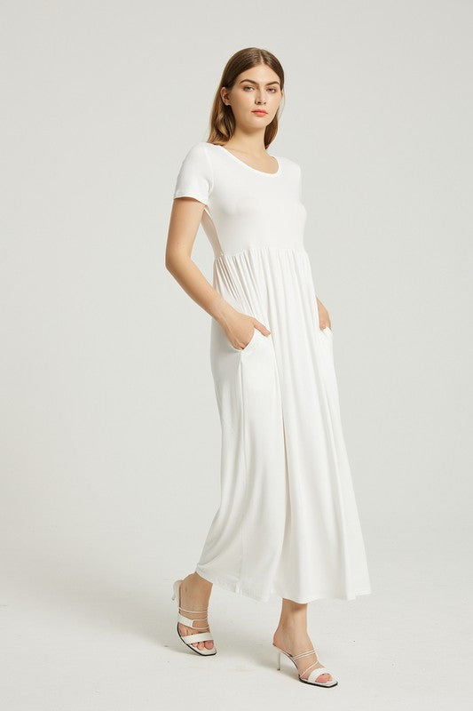 Women's Simple Summer White Maxi Dress With Pocket