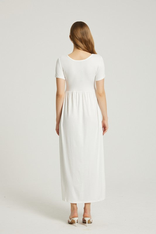 Women's Simple Summer White Maxi Dress With Pocket