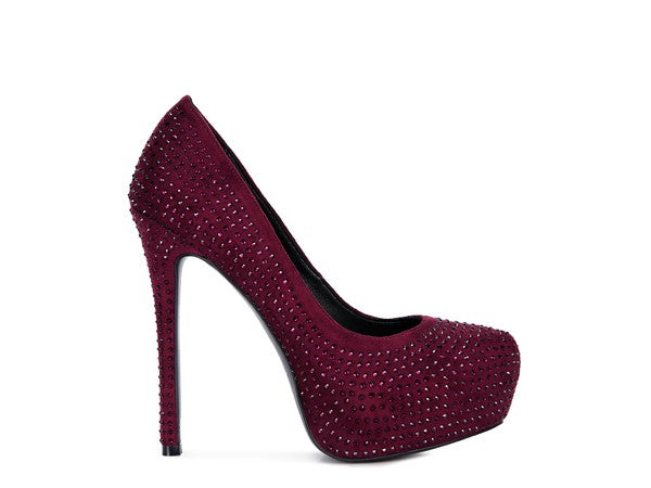 Diamante Stud Faux Suede High Heeled Pumps