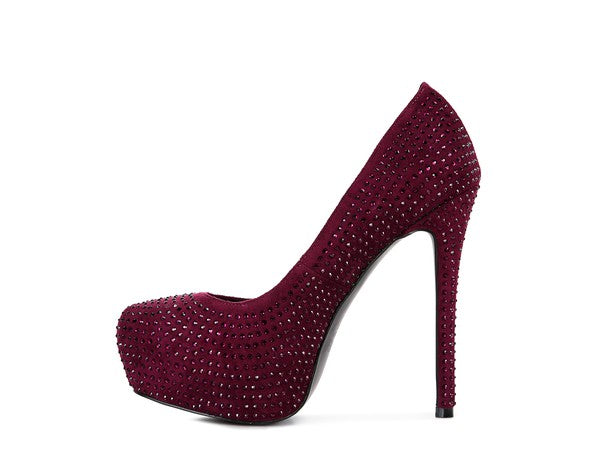Diamante Stud Faux Suede High Heeled Pumps