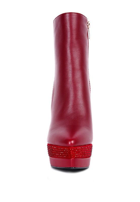 ENCANTO Bejeweled Platform Pu Leather Stiletto Heel Ankle Boot