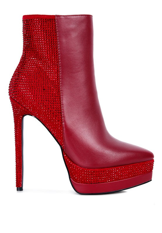 ENCANTO Bejeweled Platform Pu Leather Stiletto Heel Ankle Boot