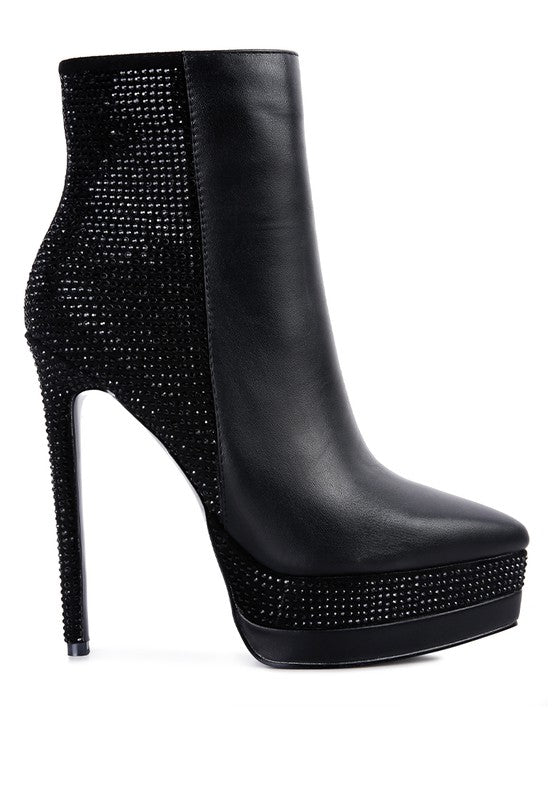 ENCANTO Bejeweled Platform Pu Leather Stiletto Heel Ankle Boot