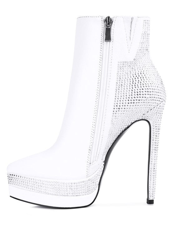 ENCANTO Bejeweled Platform Pu Leather Stiletto Heel Ankle Boot