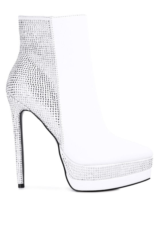 ENCANTO Bejeweled Platform Pu Leather Stiletto Heel Ankle Boot