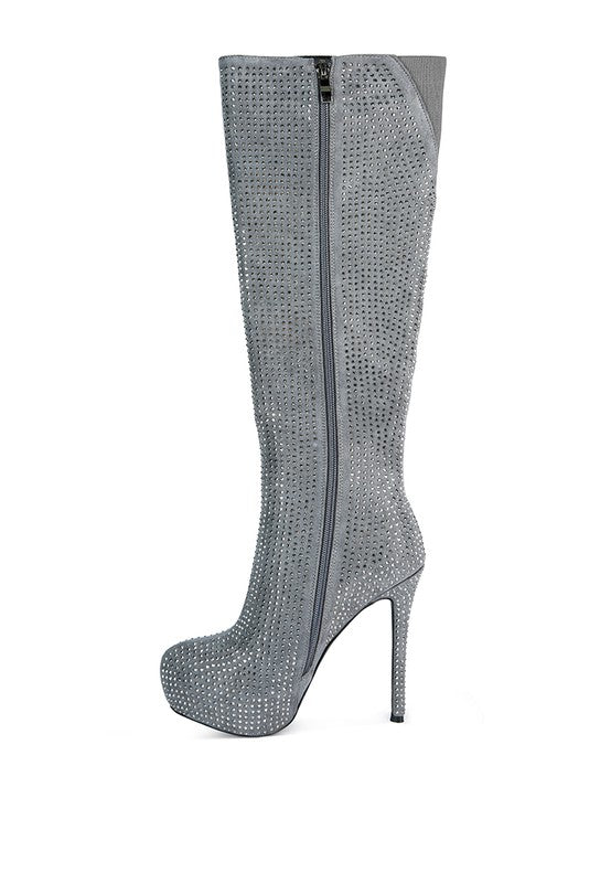 Nebula Rhinestone Embellished Stiletto Platform Knee Boots
