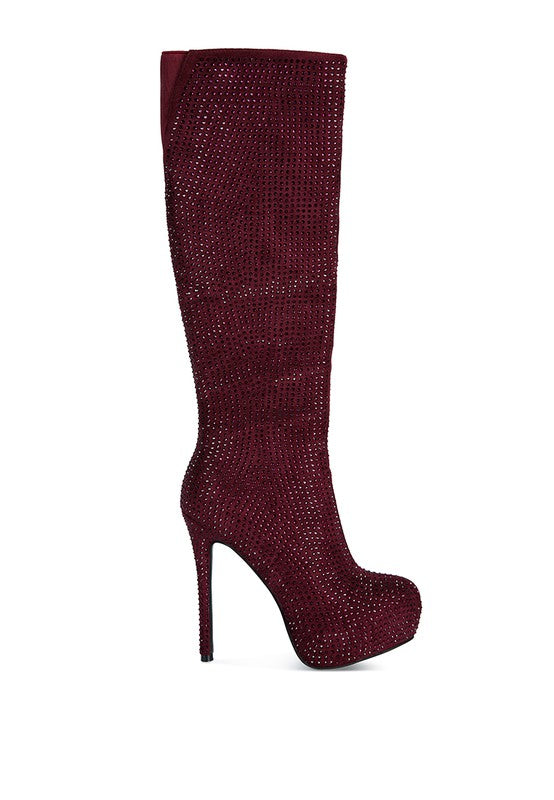 Nebula Rhinestone Embellished Stiletto Platform Knee Boots