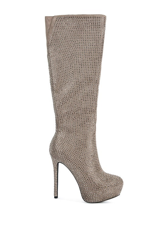 Nebula Rhinestone Embellished Stiletto Platform Knee Boots