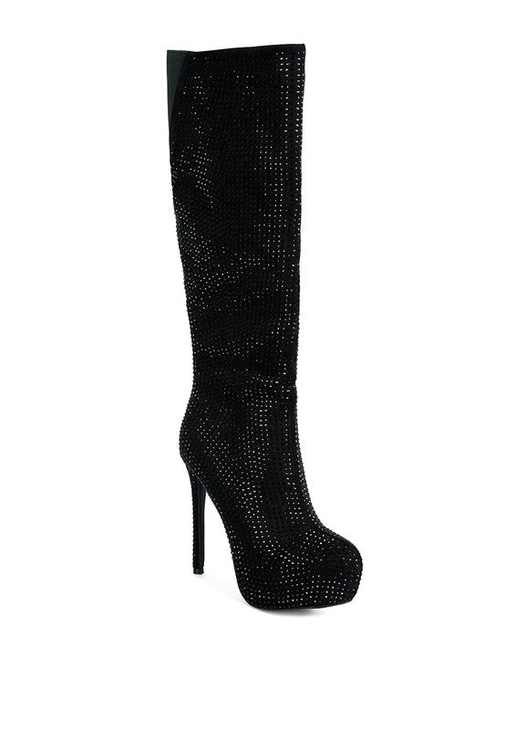 Nebula Rhinestone Embellished Stiletto Platform Knee Boots