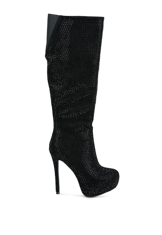 Nebula Rhinestone Embellished Stiletto Platform Knee Boots