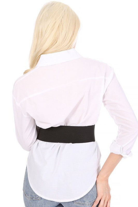 Wide Accent Black Pu Leather Belt with Gold Studs