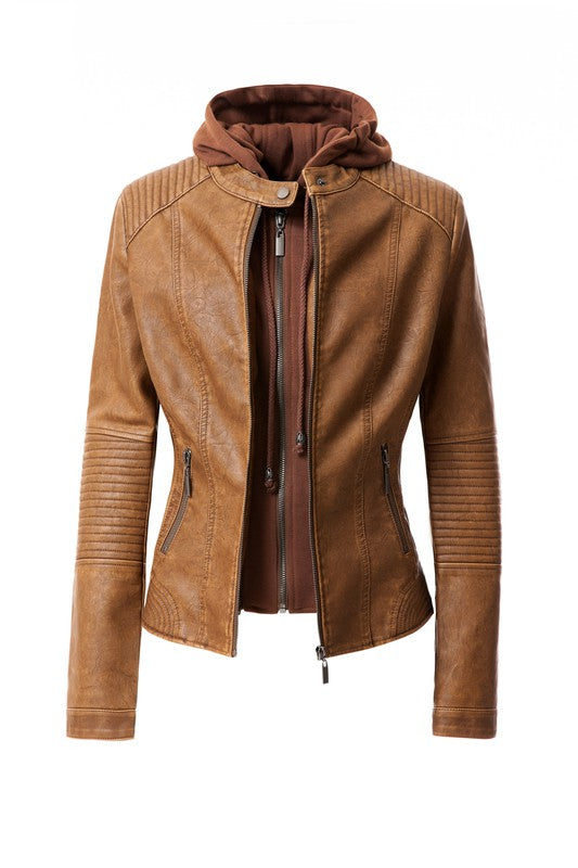 Women's PU Leather Hooded Jacket