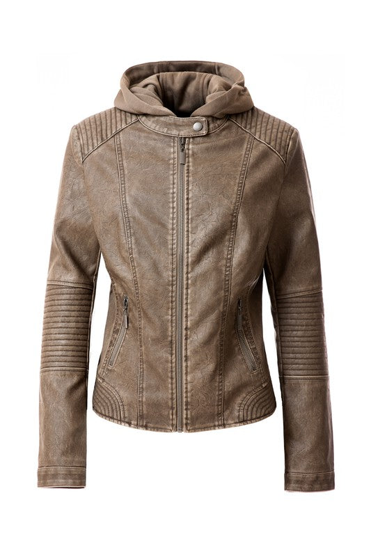 Women's PU Leather Hooded Jacket