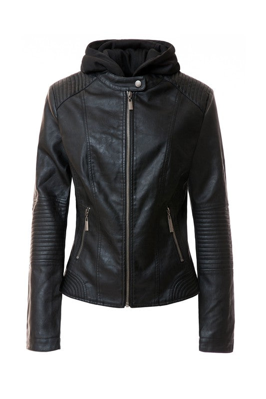 Women's PU Leather Hooded Jacket