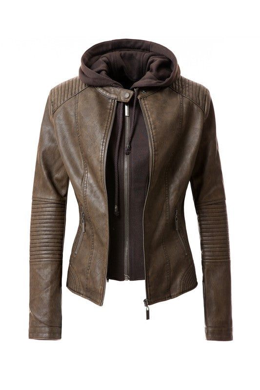Women's PU Leather Hooded Jacket