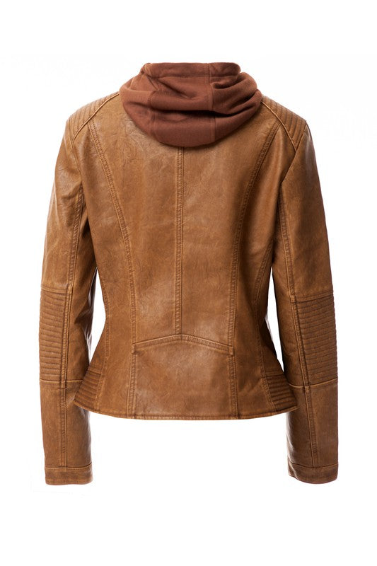 Women's PU Leather Hooded Jacket