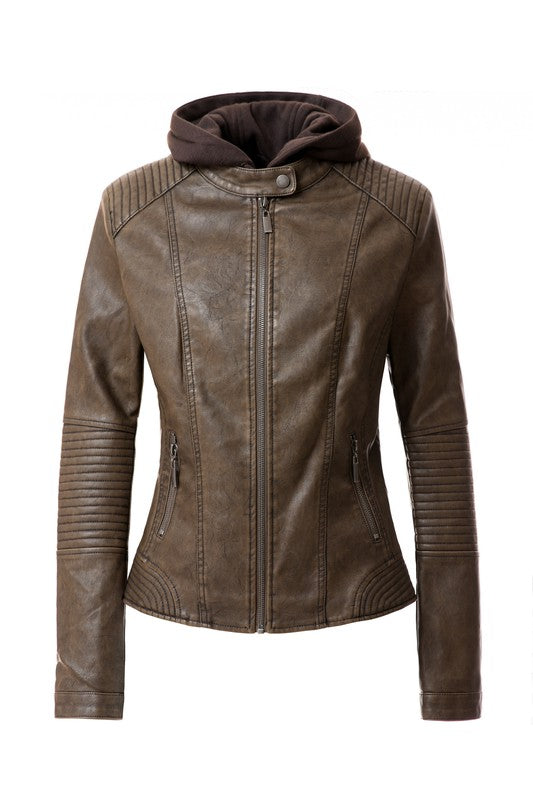 Women's PU Leather Hooded Jacket