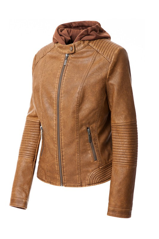 Women's PU Leather Hooded Jacket