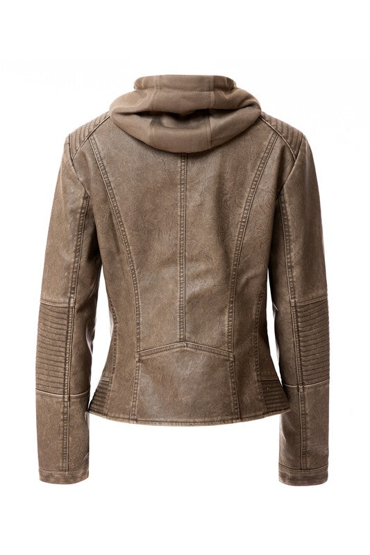 Women's PU Leather Hooded Jacket