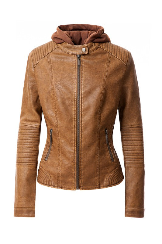 Women's PU Leather Hooded Jacket