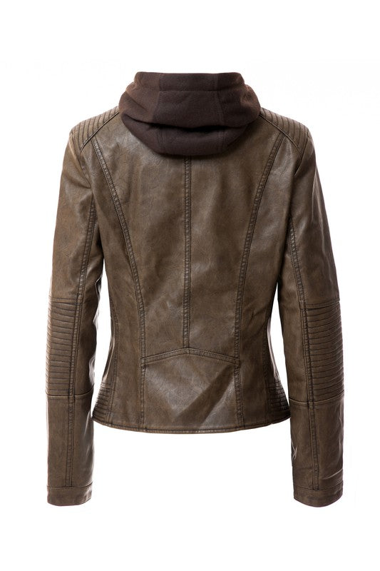 Women's PU Leather Hooded Jacket