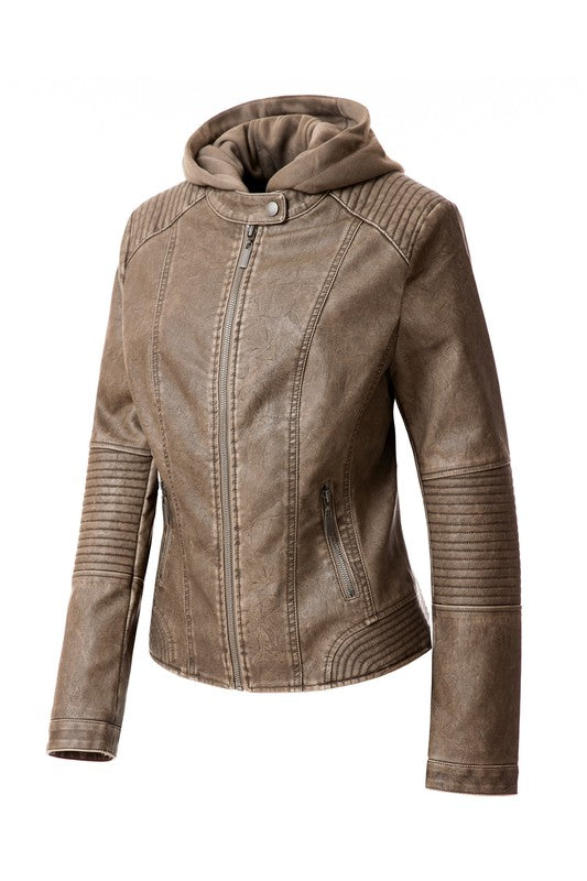 Women's PU Leather Hooded Jacket