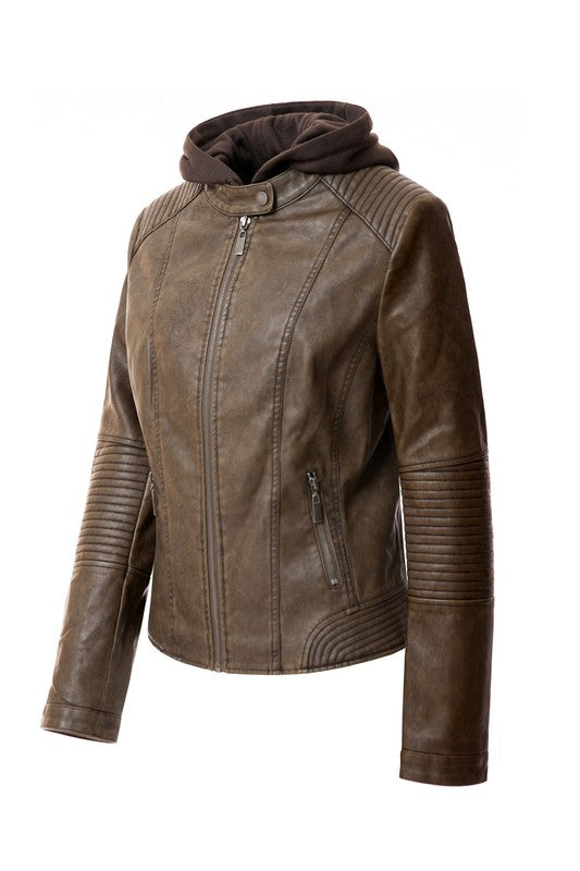 Women's PU Leather Hooded Jacket